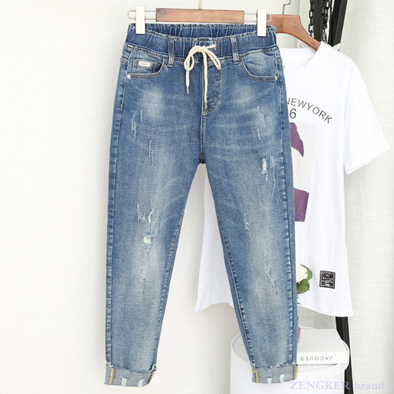 Spring summer plus size jeans women's stretch fat sister nine-point pants were thin high waist pants plus size 5xl