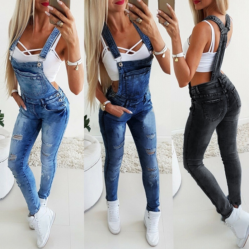 Women's Broken Hole Jeans  Jumpsuit Long Female Pants Overalls One Piece Skinny Jumpsuit High Street Spring Autumn Wear
