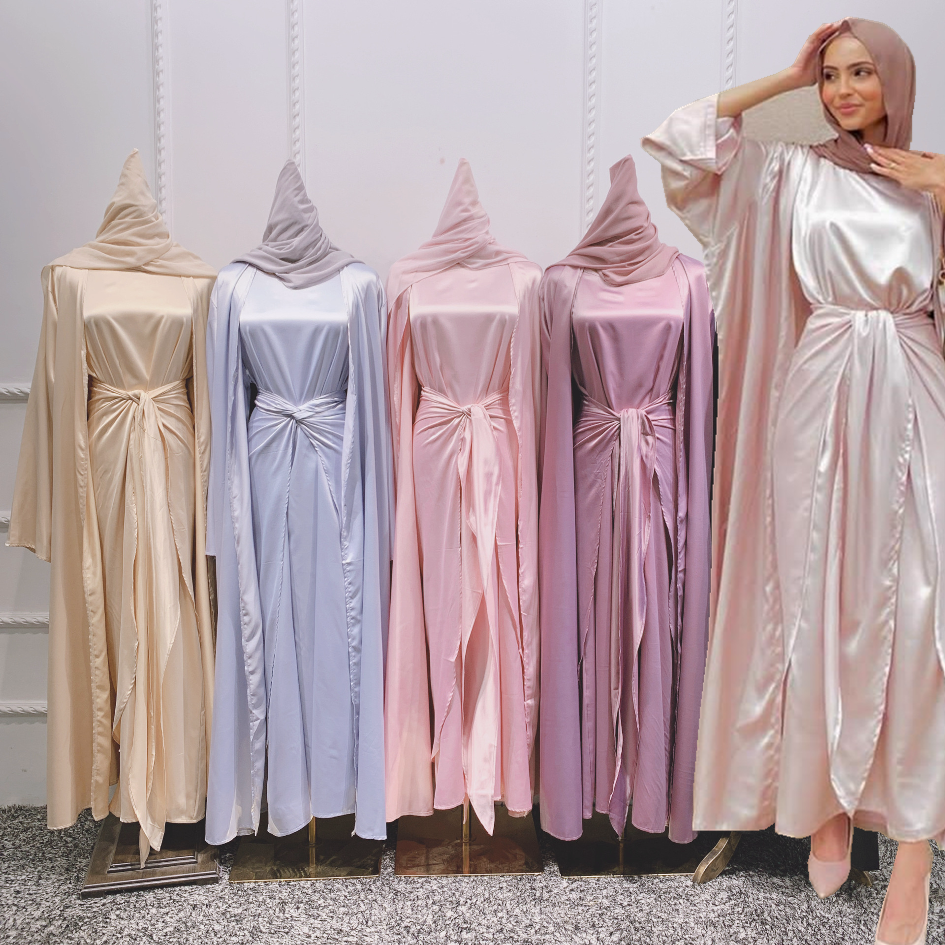 Muslim cardigan Kimono Women Hijab Dress Abaya Inner Robe with Wrap Tie Skirt Islam Clothing Dubai Turkey Kaftan Modest Outfit