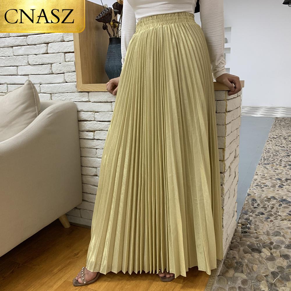 Arrivals Metallic Pleated Maxi A-Line Autumn Winter Long Skirt Solid Satin Pleated Maxi Skirt Muslim Women's Islamic Turkey