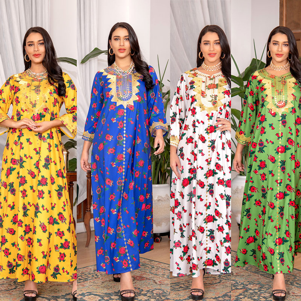 Fancy Dubai  Abaya Long Dress Woman Clothes American Muslim Summer Flora Jalabiya White Green Yellow Blue Robe With Belt
