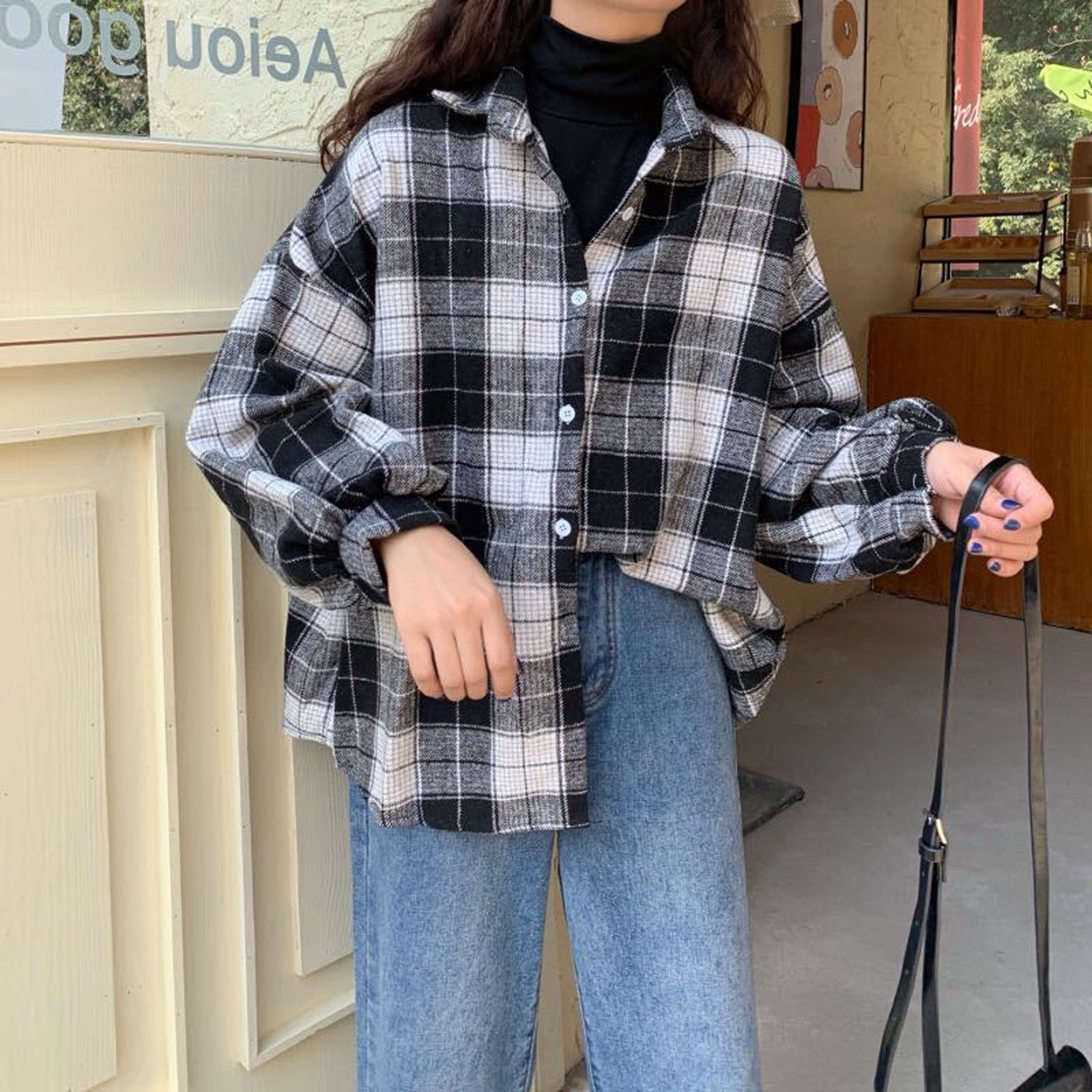 40# Women's Plaid Blouses top Vintage Long Sleeve  Button Loosen Blouses Shirts Tops Retro Preppy style Shirts рубашка