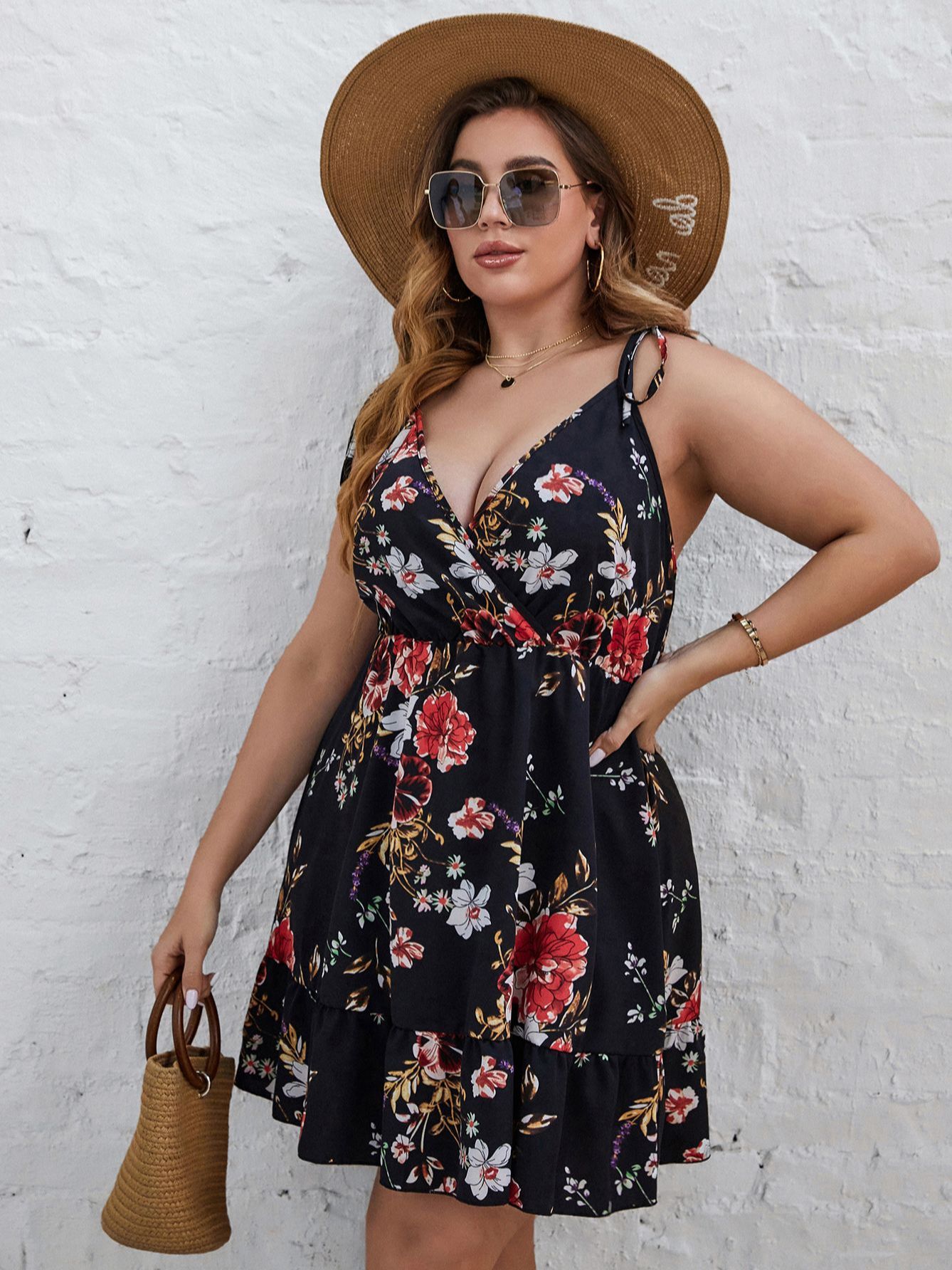 EARO Black A Line Dress Plus Size Floral Print  Summer Sleeveless V Neck Sexy Elegant Spaghetti Strap Evening Party Dresses