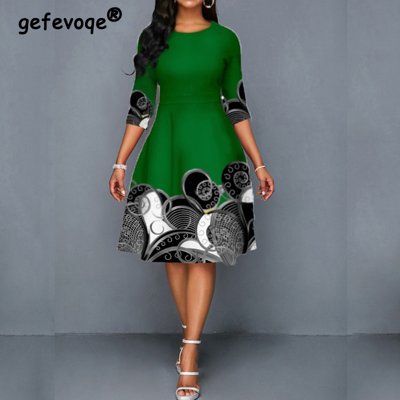 Vintage Graphic Print Half Sleeve Elegant Party Dresses for Women  Summer  Ladies Plus Size A Line Midi Dress Robe