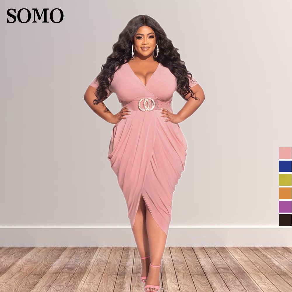Trendy Women Sexy Deep V Neck Skinny Dress Plus Size Clothing Midi Length Elegant Dresses Pleated Solid WholeDropshipping