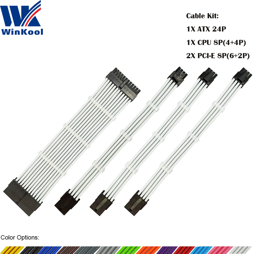 WinKool Female to Male 18AWG Sleeved PSU Extension Power Cord / Cable Kits 1X ATX 24P CPU 8P 2X PCI-E 8P