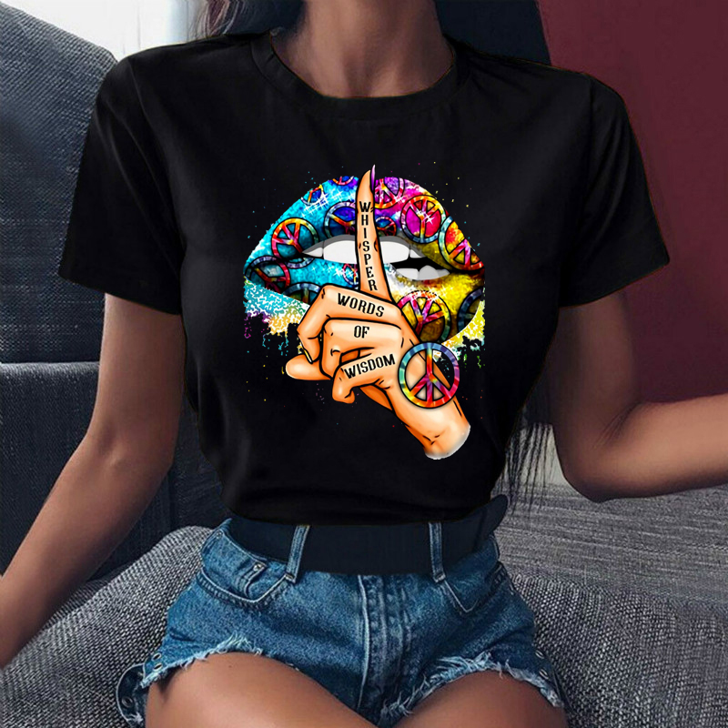 Lippen Grafische Vrouwen T-shirt Ulzzang Meisjes Zwart Tees Tops Grappig Kus Lip Whisper Woorden Meisjes t-shirts Kleding
