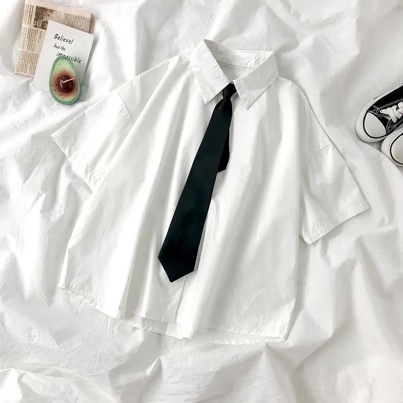 DAYIFUN White Shirts Women with Tie Japanese Style Preppy Students BF Oversized Blouse Simple Solid Loose Summer Top  L3204