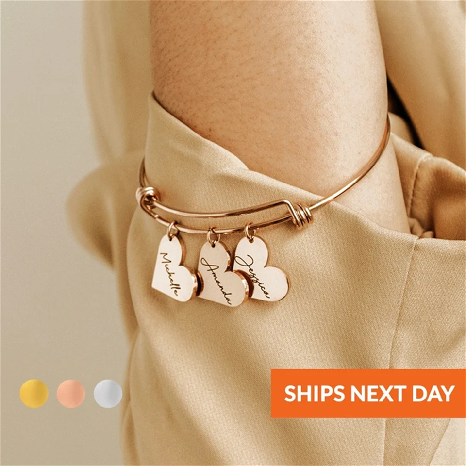 Personalized Bracelet for Women Heart Customized Engraved 1-6Names Adjustable Bangles  Stainless Steel for Mama Jewelry Gift St