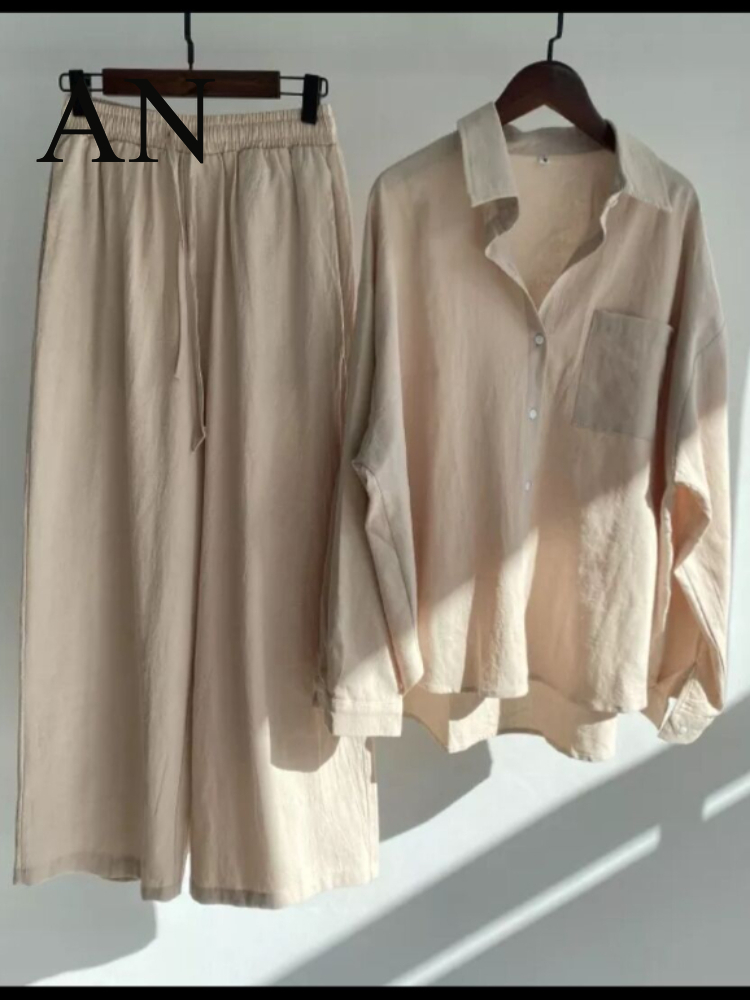 Women's 2-piece Retro  Oversize  Cotton and Linen Shirt Plus High Waist Slacks Suit Women's Sweatshirt Set Sweatshirt