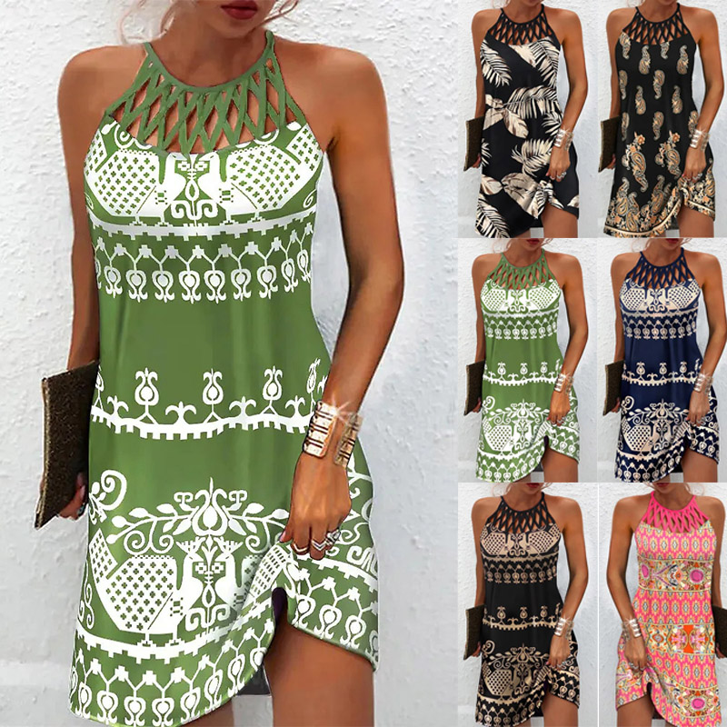 Summer  Women's Elegant Round Neck Vintage Cutout Neck Sleeveless Halter Print Dress Hollow Out Floral Sexy Party Dress New
