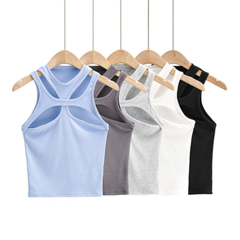 Girls Asymmetrical Hollow Solid Color Knitted Round Neck Short-sleeved Summer Sexy Vest on The Chest