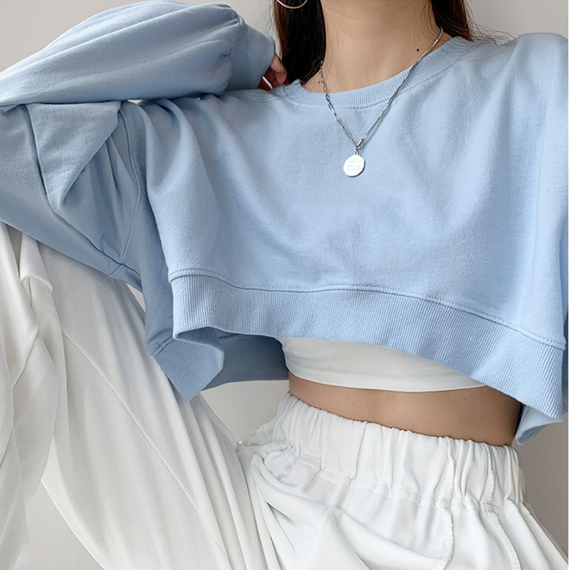 Short sweater women's  autumn  solid color loose round neck tops women's clothing hoodie sweatshirts