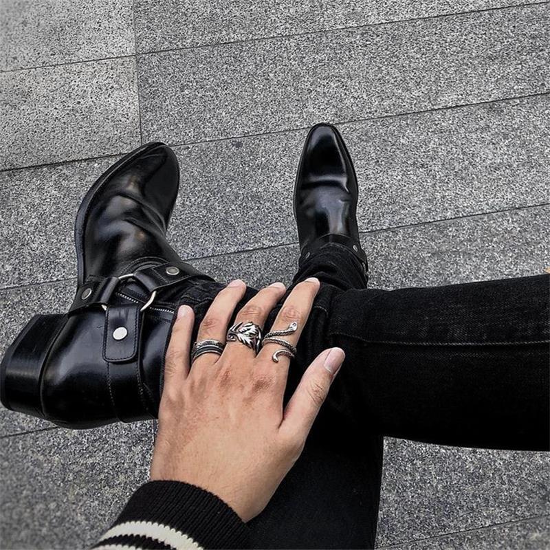 Men British Chelsea Boots Handmade High  Cowhide Black  Business Casual Street Western Cowboy Men Shoes AC049