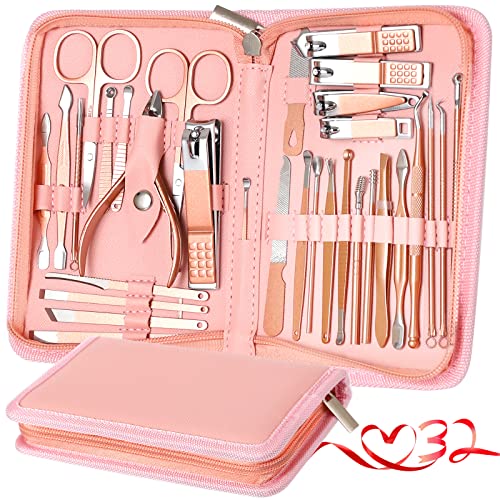 Manicure Set Pedicure Kit Womens Nail Clippers Set 32 in 1 Professional Grooming Care Tools Nail Kit Including Facial, Fingernails and Toenails Care with Travel Case Women (Rose Pink_32 in 1)
