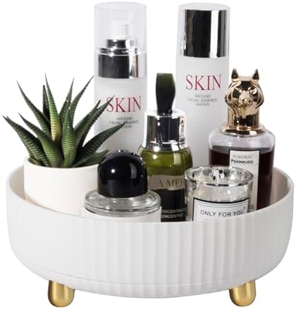 Anyoifax Makeup Perfume Organizer Tray 360 Degree Rotating Lazy Susan Skincare Lotion Organizer Spinning Cosmetics Storage for Dresser, Vanity, Bathroom Countertop, Small Ivory White