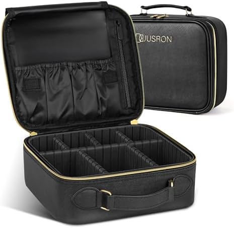 JUSRON Travel Makeup Bag Portable Storage Bag with Adjustable Dividers for Cosmetics Makeup Brushes for Women Beauty Tools Accessories Case (Black)