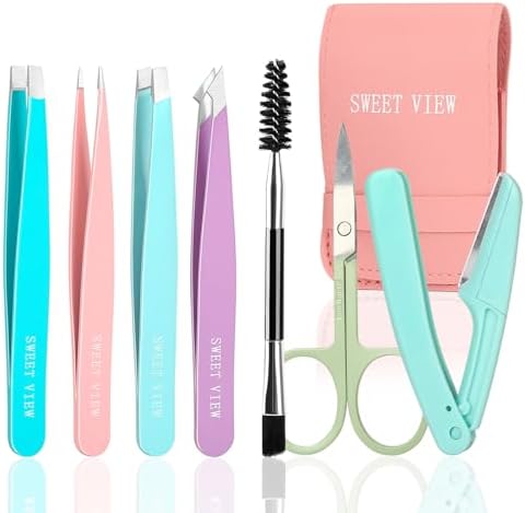 7pcs Eyebrow Tweezers Set for Women Precision Plucker with Brow Scissors & Razor & Spoolie for Facial, Chin,Brow, Splinter and Ingrown Hair