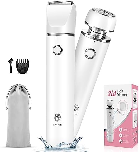 Bikini Trimmer and Shaver Kit for Women - 2-in-1 Wet/Dry Electric Body Hair Trimmer Facial Hair Removal Cordless Waterproof Bikini Shaver Razor for Face Lip Chin Pubic Underarm Legs (White)