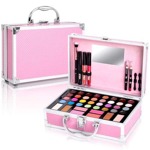 Beginner Makeup Kit for Teen,Makeup Set for Girl Women,Beginner Makeup Kit with Cosmetic Train Case Included 32 Colors Eyeshadow Blush Contour Lip Gloss Lip Liner Mascara Eyeliner Mirror