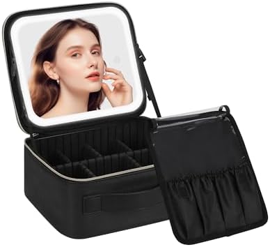Chomeiu Makeup Bag with LED Mirror, Travel Makeup Case for Women and Makeup Artists Cosmetic Organizer Large Make Up Bags with Light Up Mirror, 3 Color Lights, Adjustable Dividers and Brush Holder