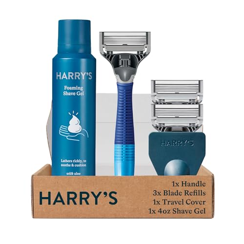 Harry's Razors for Men, 1 Handle (Ocean Blue) and 3 Razor Blade Refills with German Engineered 5-Blade Technology, 4 oz. Foaming Shave Gel, Travel Blade Cover- Holiday Gift for Men