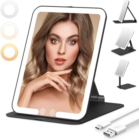 Foldable Makeup Mirror with 3 Dimmable Color Lights, USB Rechargeable Lighted Vanity Mirror with Touch Screen, Compact & Portable Ultrathin Desk Beauty Mirror for Travel Daily, Black