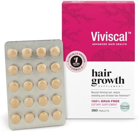 Viviscal Hair Growth Supplements for Women, Clinically Proven Hair Growth Product with Proprietary Collagen Complex, Results of Thicker, Fuller Hair Nourish Hair Loss, 180 Tablets - 3 Month Supply