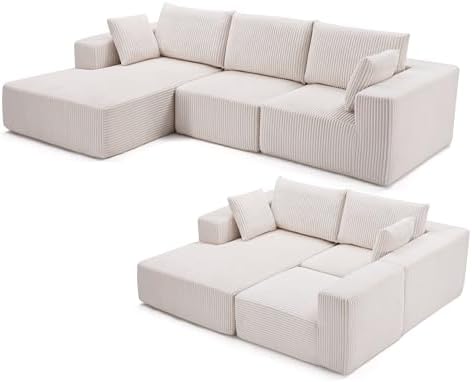 108” Modular Sectional Sofa, Sponge Sectional Sofa Couch for Living Room, Modular L-Shape Sofa Couch with Chaise, Ivory