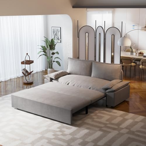 70.1" Futon Sofa Bed Queen Size, Pull Out Bed, 3-in-1 Convertible Sleeper Sofa with 2 Soft Pillows, Modern Velvet Futon Couch for Living Room, Small Space, Apartment, Bedroom, Grey