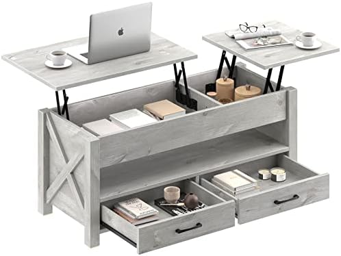 Seventable Coffee Table, 47.2" Lift Top Coffee Table with 2 Storage Drawers and Hidden Compartment, Retro Center Table with Wooden Lift Tabletop for Living Room, Gray