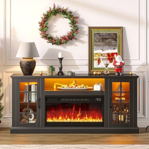 Rolanstar Fireplace TV Stand with Led and Power Outlets, Black Entertainment Center with 26" Electric Fireplace for 45/50/55/60/65/70 inch TVs, Modern TV Console with Storage Cabinet for Living Room