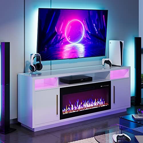 BELLEZE 70" Fireplace TV Stand for TVs Up to 75", LED Light Entertainment Center with 36" Electric Fireplace Heater, Storage Cabinet, Media Console Table for Living Room - Avenue (White)