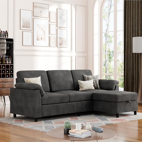 Vongrasig Convertible Sectional Couch, 3 Seat L Shaped Couch Sofa with Removable Pillows Linen Fabric Small Couch Mid Century for Living Room, Apartment and Office BK
