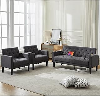 TYBOATLE Mid-Century Modern Tufted Loveseat Sofa Set w/ 2 USB & 2 Cupholders, 3 Piece Living Room Furniture Sets, Small Love Seat Couches for Small Space Apartment Bedroom Office(Dark Grey)