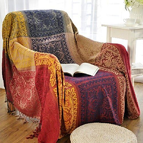 amorus Boho Sofa Cover, Chenille Jacquard Tassels Throw Blankets for Couch Bed, Decorative Sofa Slipcover Protector - Colorful Tribal Pattern (L,86 * 102inch)