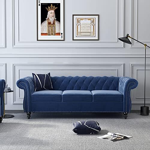 Chesterfield Sofa Velvet, Modern Tufted Couch 3 Seater with Rolled Arms and Nailhead for Living Room, Bedroom, Office, Apartment (Blue)