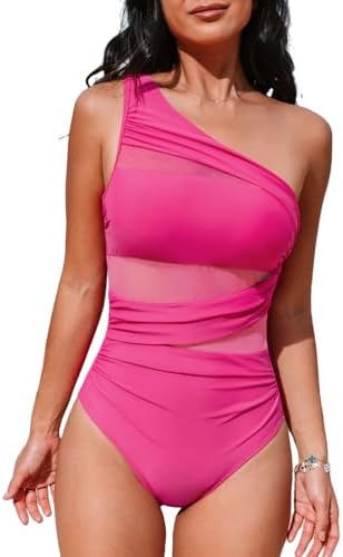 CUPSHE Women's One Piece Swimsuit Tummy Control Bathing Suit Ruched Asymmetric Neck One Shoulder Strap Mesh