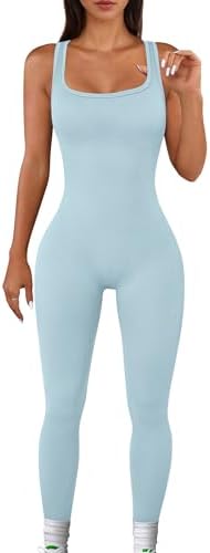 TrainingGirl Women One Piece Jumpsuit Square Neck Workout Bodysuit Ribbed Sleeveless Sports Romper Tummy Control Yoga Bodycon