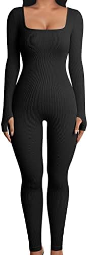 Women Workout Seamless Jumpsuit Yoga Ribbed One Piece Long Sleeve Leggings Romper