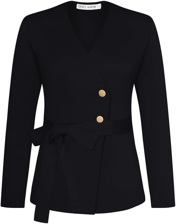 GRACE KARIN Women Business Cropped Blazer Cardigan Long Sleeve Open Front Knit Sweater Jacket Shrug for Fall with Belt