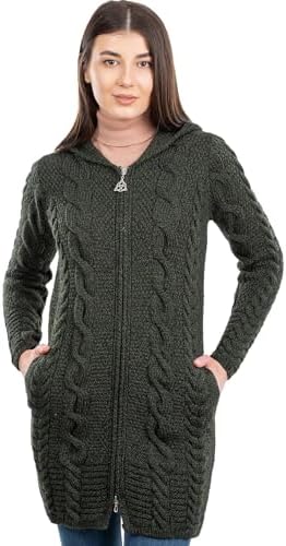 SAOL 100% Merino Wool Aran Cable Knit Hooded Zip Cardigan Irish Coat