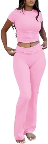 Women's 2 Piece Lounge Outfits Slim Short Sleeve Tops Low Rise Flare Leggings Sets Yoga Sweatsuit