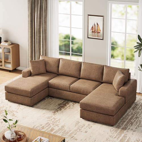 116'' U Shaped Sectional Sofa Couch, Faux Leather Modern Cozy Jumbo Size 6-Seater Sofa, Double Chaise Longue, Light Brown