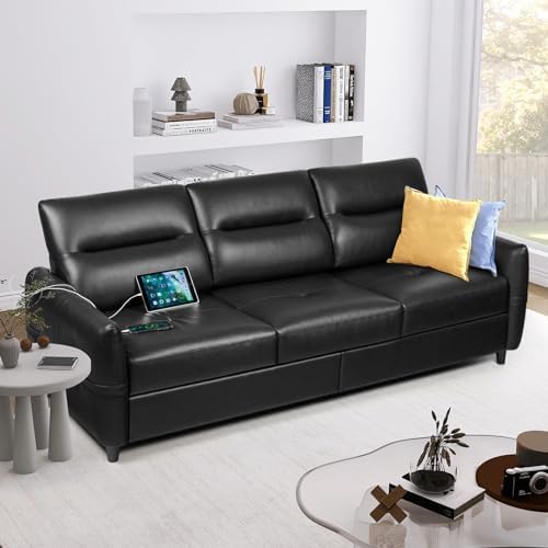 STHOUYN 85” Black 3 Seater Couch with USB, Mid Century Modern Leather Sofas Couches for Living Room Small Spaces, Apartment Couch, Large Office Couch, Stain Resistant & 3 Tufted Cushion (Black)