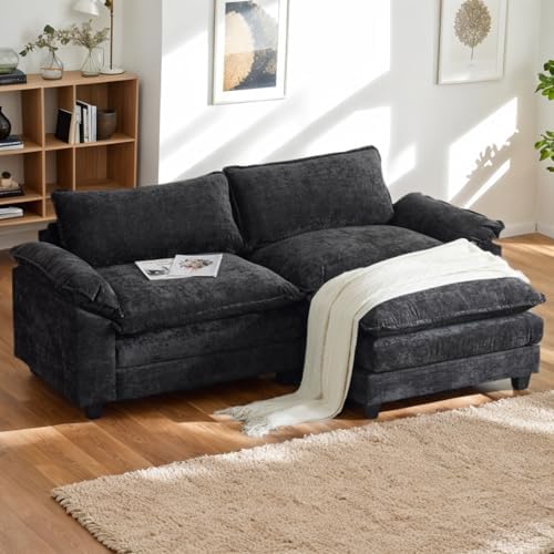 Karl home Sectional Sofa Modular Deep Seat Sofa Couch with Ottoman, Chenille Sofa Sleeper Comfy Upholstered Furniture for Living Room, Apartment, Studio, Office, Black