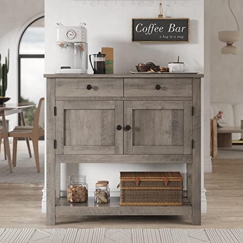 HOSTACK Farmhouse Console Table with 2-Door Cabinet & 2 Drawers, Coffee Bar, Entryway Table with Storage Shelf, Sofa Tables Buffet Sideboard for Kitchen, Hallway, Dining, Living Room, Ash Gray