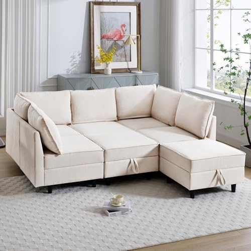 Oversized Modular Sectional Sofa, U Shaped Couch Set with Storage Seat Convertible Cloud Sofa with Ottoman 7 Seaters Sofa for Living Room, Beige