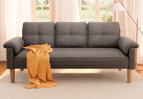 3 Seater Couch, 69 Inch Sofa Couch with Extra Deep Seat and Padded Armrests, Modern Sofa with Comfy Backrest and Solid Wood Legs, for Living Room Apartment, Dark Grey