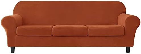 OBCREAT 4 Pieces Sofa Slipcover Stretch Velvet Sofa Covers for 3 Cushion Couch Soft Couch Cover with Elastic Bottom Non Slip Furniture Protector for Pets Kids (Burnt Orange, Large)